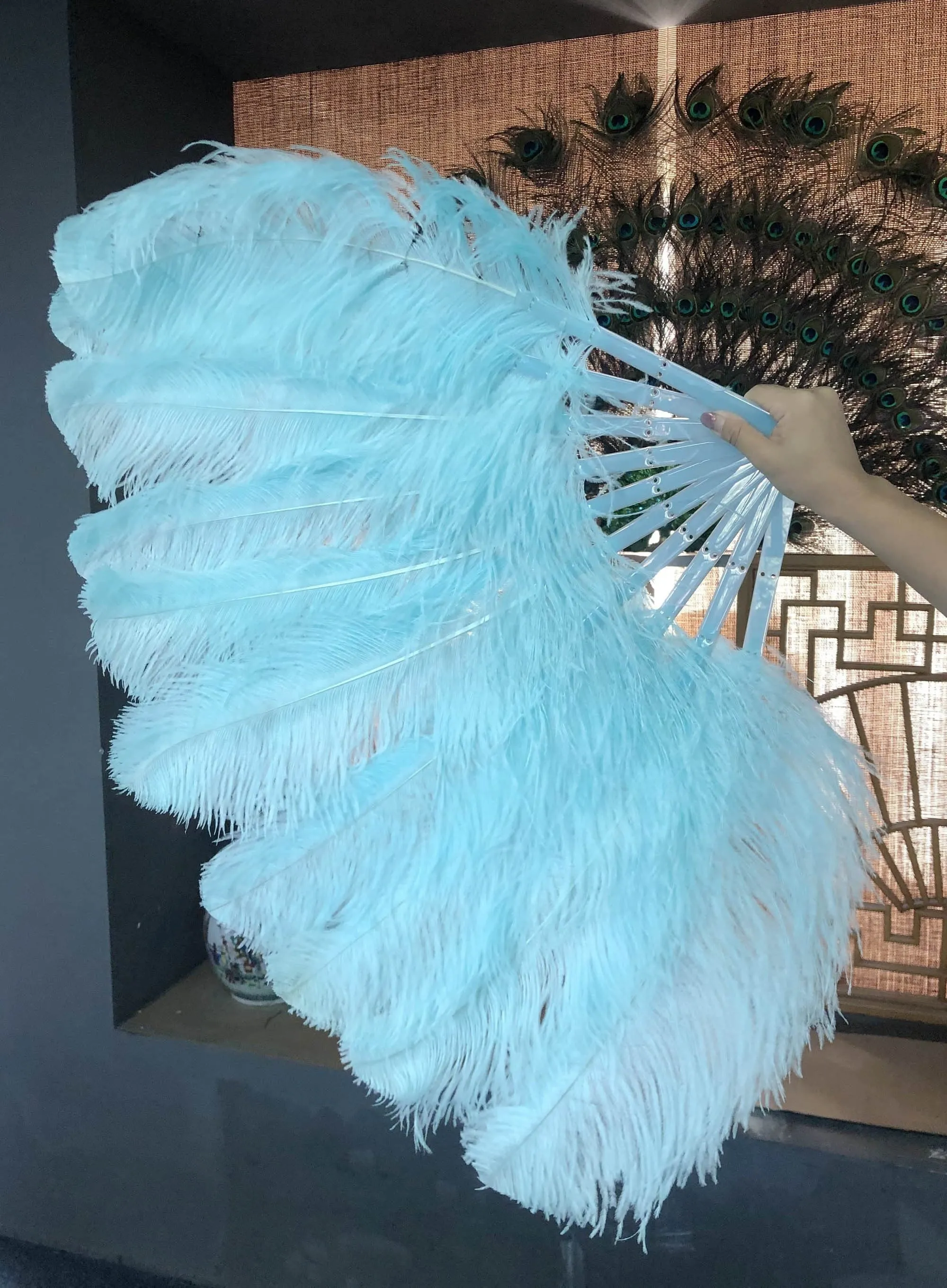 A pair Single layer aqua Beginner’s Ostrich Feather Fan