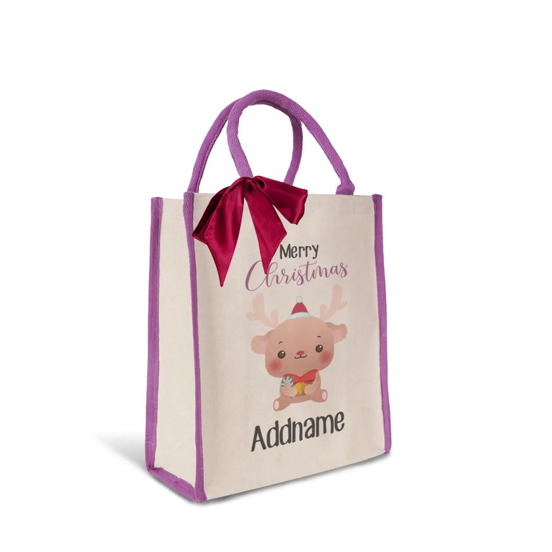Christmas Cute Animal Series Merry Christmas Deer Purple Colour Lining Canvas Bag