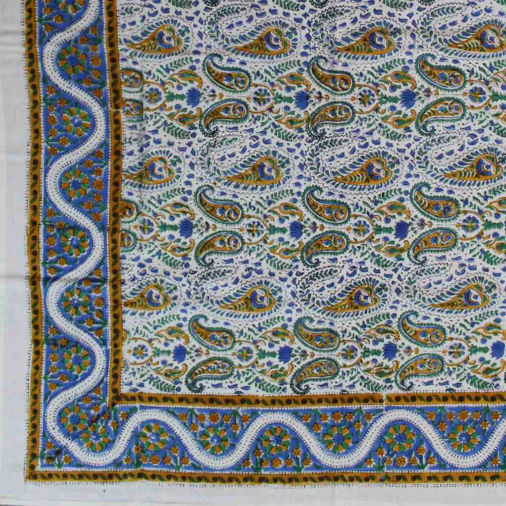 Cotton Block Print Paisley Floral Tablecloth Square 72 inch White Gold Blue