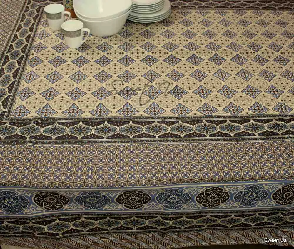Cotton Floral Geometric Tablecloth for Rectangle Tables Blue Gray Beige