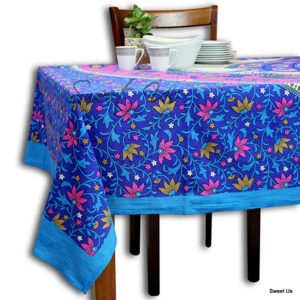 Cotton Floral Peacock Tablecloth Rectangle Blue Pink Gold White