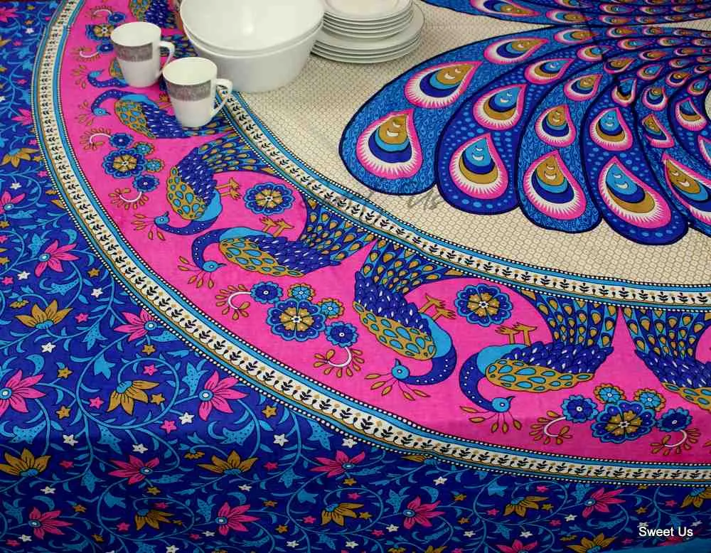 Cotton Floral Peacock Tablecloth Rectangle Blue Pink Gold White