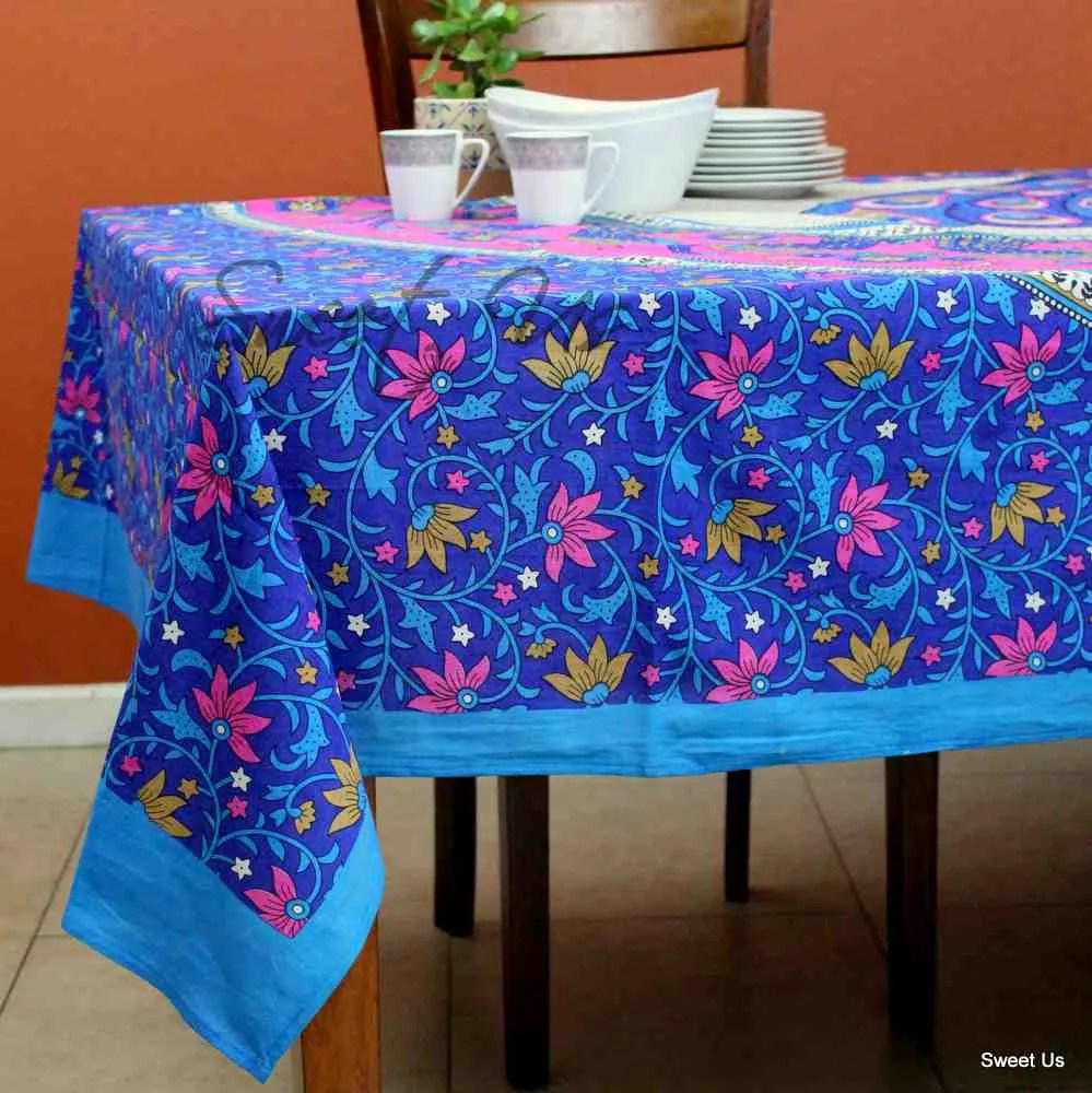 Cotton Floral Peacock Tablecloth Rectangle Blue Pink Gold White