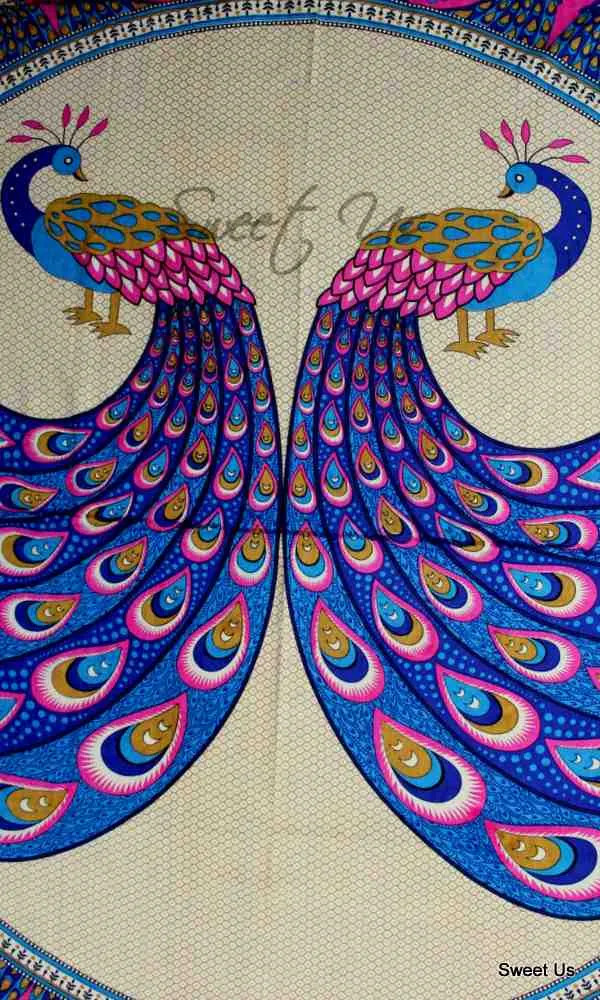Cotton Floral Peacock Tablecloth Rectangle Blue Pink Gold White