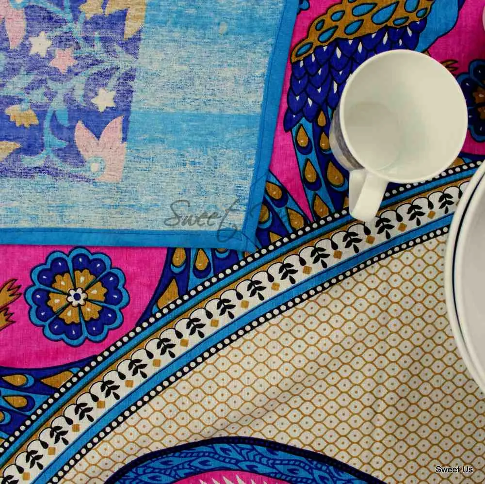 Cotton Floral Peacock Tablecloth Rectangle Blue Pink Gold White
