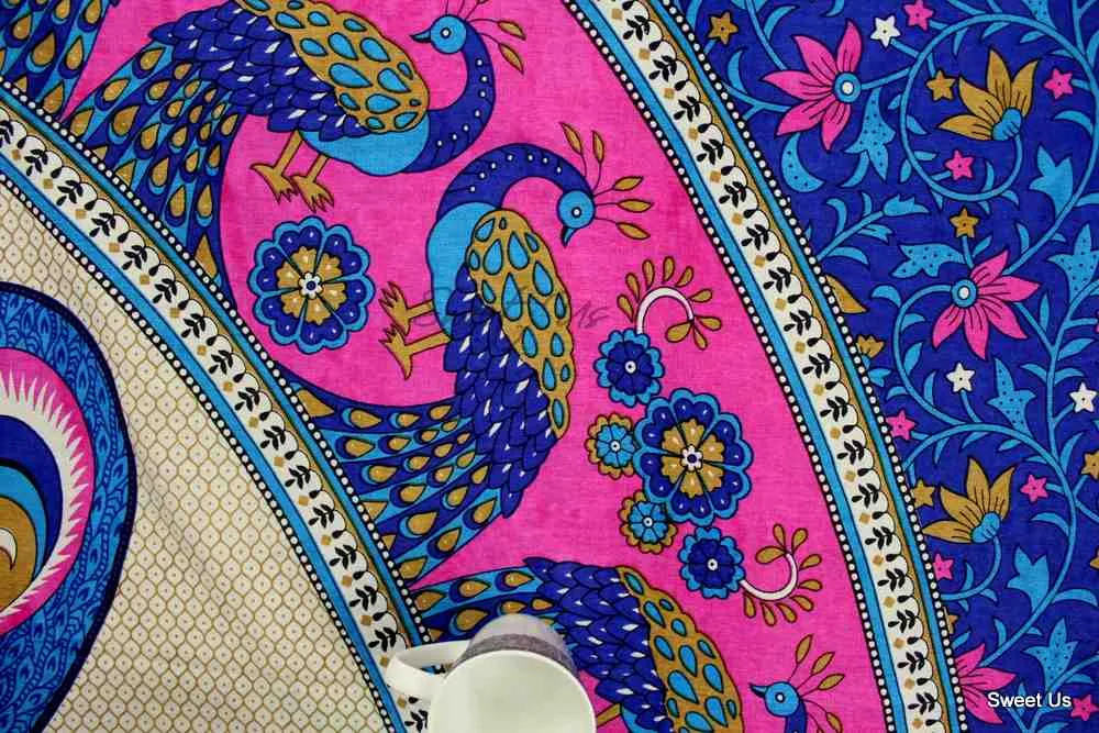 Cotton Floral Peacock Tablecloth Rectangle Blue Pink Gold White