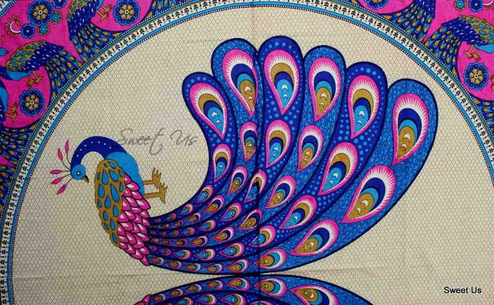 Cotton Floral Peacock Tablecloth Rectangle Blue Pink Gold White