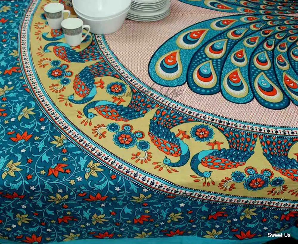 Cotton Floral Peacock Tablecloth Rectangle Turquoise Gold White