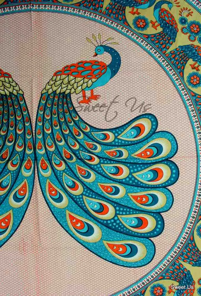 Cotton Floral Peacock Tablecloth Rectangle Turquoise Gold White