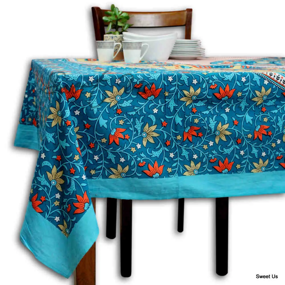 Cotton Floral Peacock Tablecloth Rectangle Turquoise Gold White