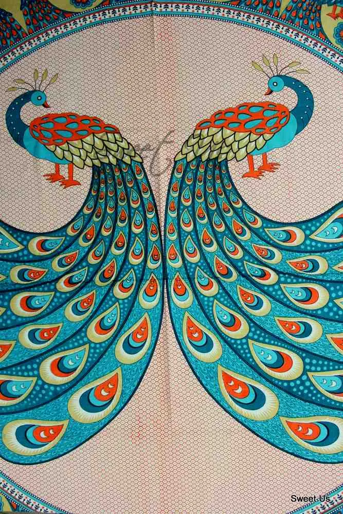 Cotton Floral Peacock Tablecloth Rectangle Turquoise Gold White