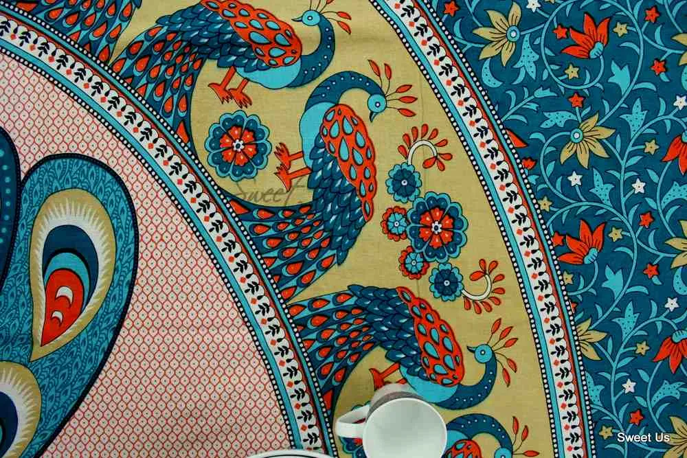 Cotton Floral Peacock Tablecloth Rectangle Turquoise Gold White