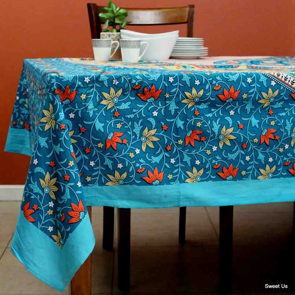 Cotton Floral Peacock Tablecloth Rectangle Turquoise Gold White