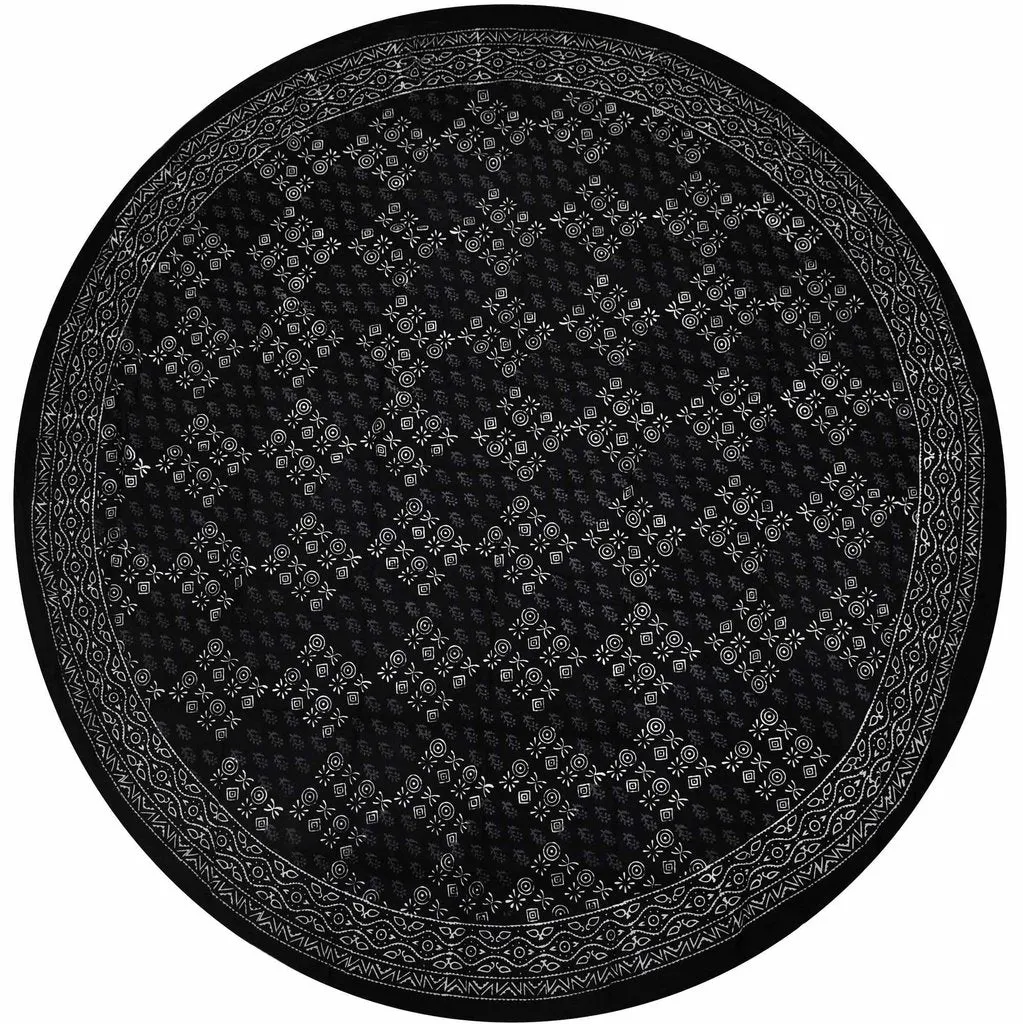 Cotton Hand Block Print Round Tablecloth Square Dabu Indigo Blue Black