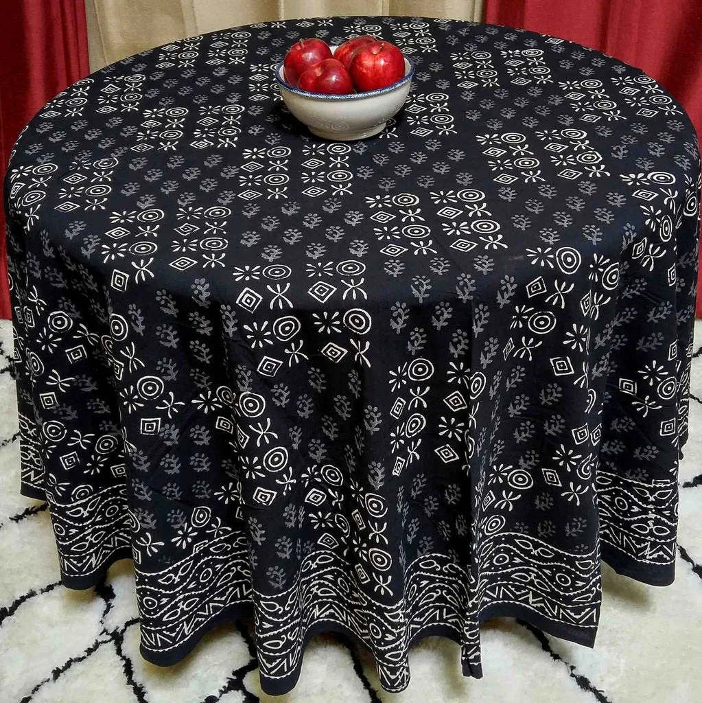 Cotton Hand Block Print Round Tablecloth Square Dabu Indigo Blue Black