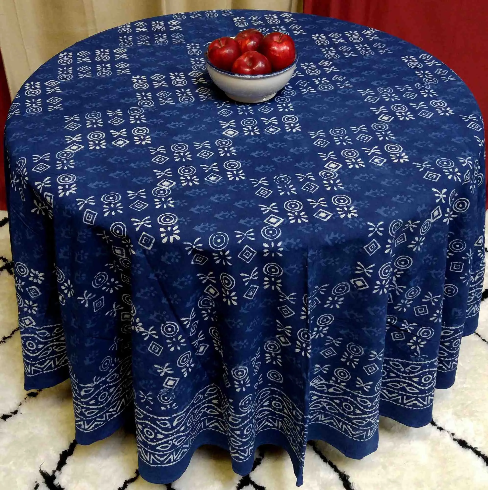 Cotton Hand Block Print Round Tablecloth Square Dabu Indigo Blue Black