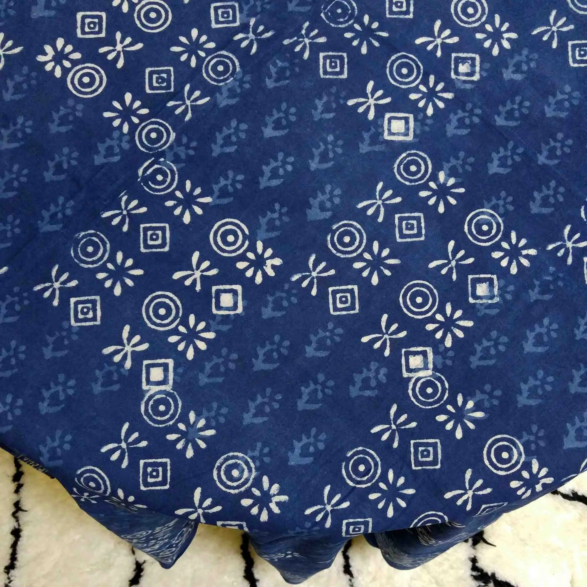 Cotton Hand Block Print Round Tablecloth Square Dabu Indigo Blue Black