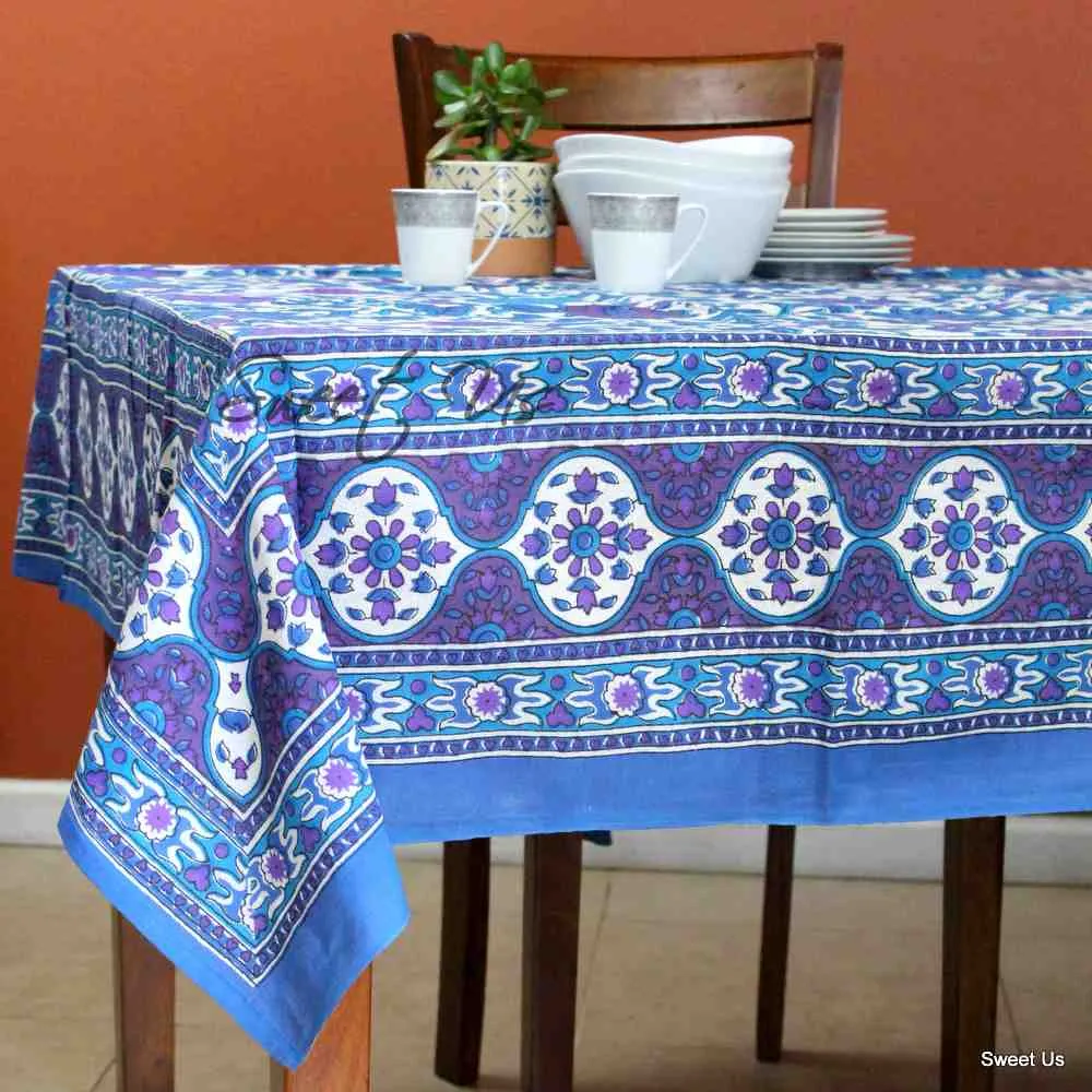 Cotton Sunflower Floral Tablecloth Rectangle 88x104 White Blue Purple