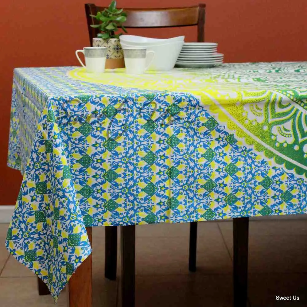 Cotton Tie Dye Floral Tablecloth Rectangle White Orange Blue Green Dining Linen