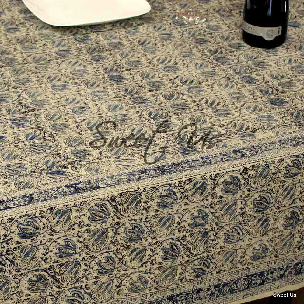 Cotton Vegetable Dye Hand Block Print Tablecloth Rectangle, Green, Red