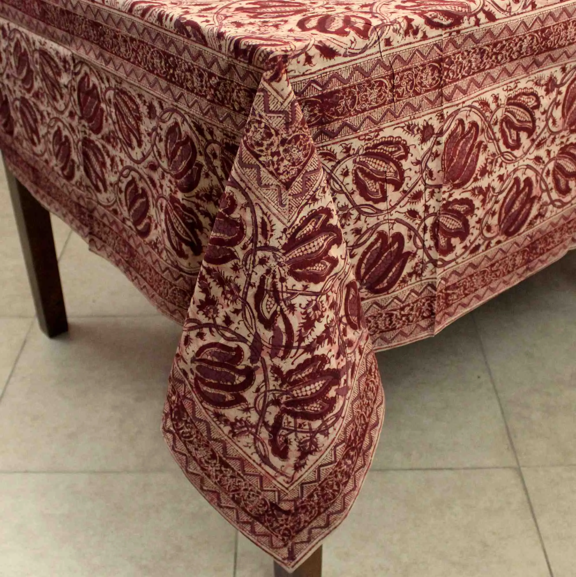 Cotton Vegetable Dye Hand Block Print Tablecloth Rectangle, Green, Red