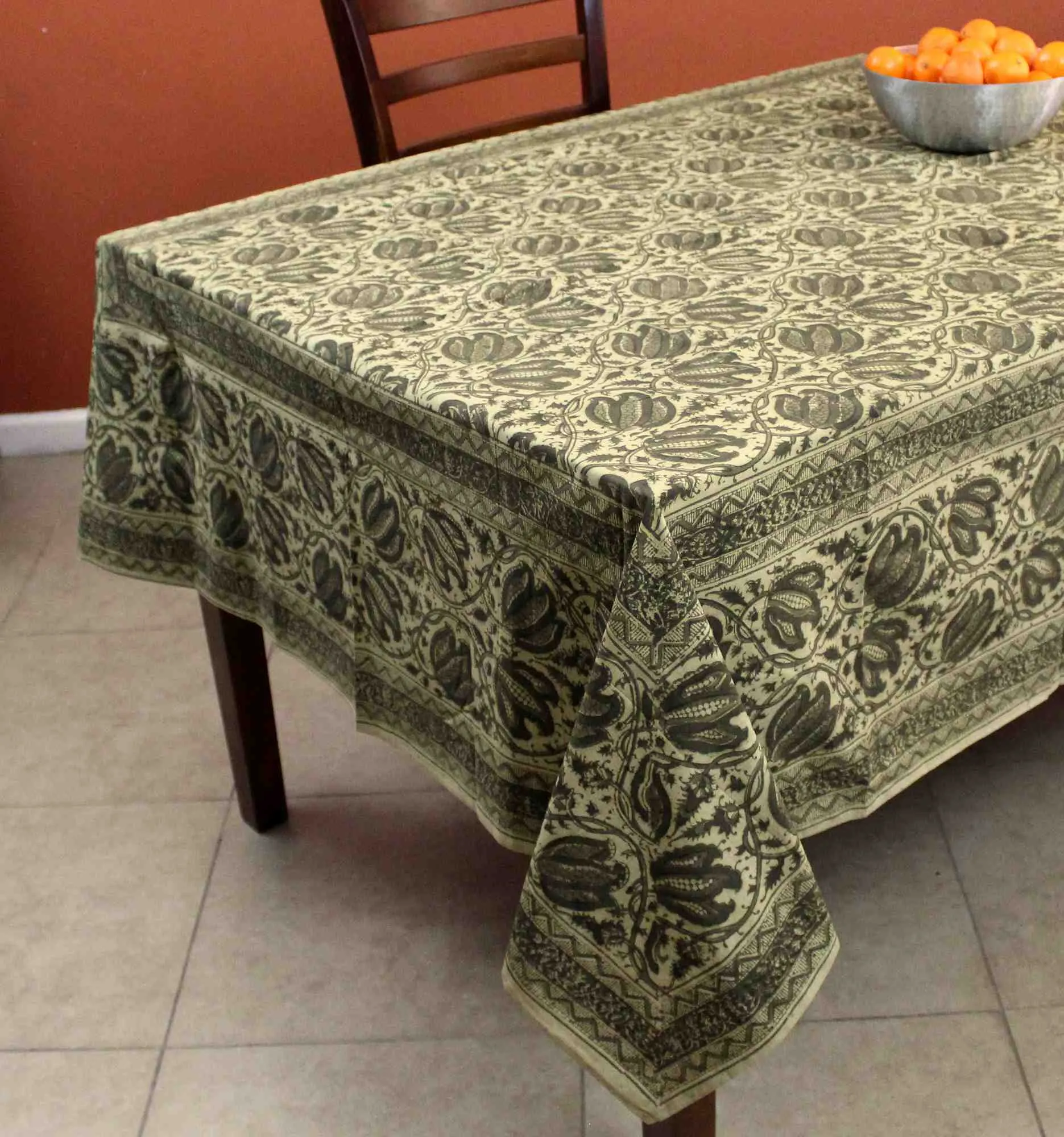 Cotton Vegetable Dye Hand Block Print Tablecloth Rectangle, Green, Red