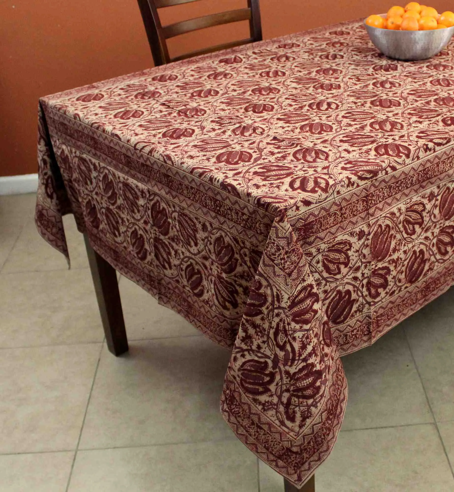 Cotton Vegetable Dye Hand Block Print Tablecloth Rectangle, Green, Red