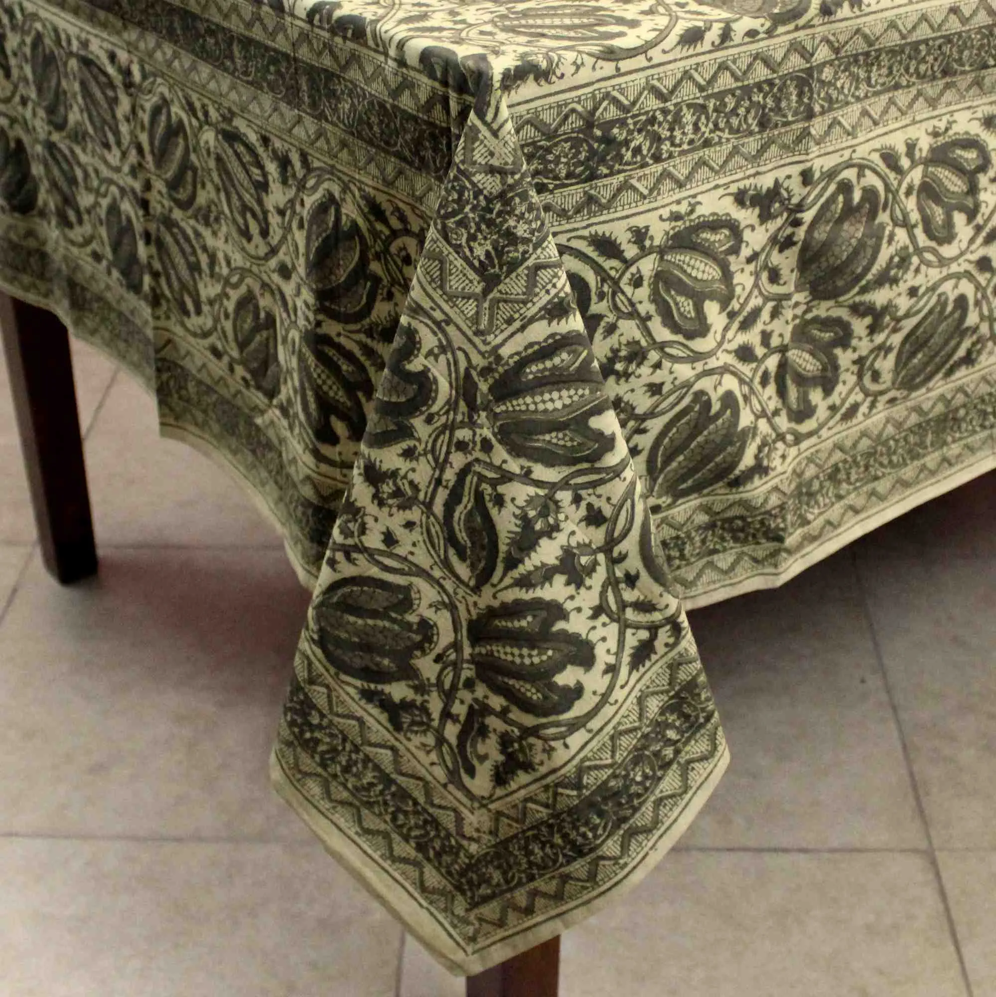 Cotton Vegetable Dye Hand Block Print Tablecloth Rectangle, Green, Red