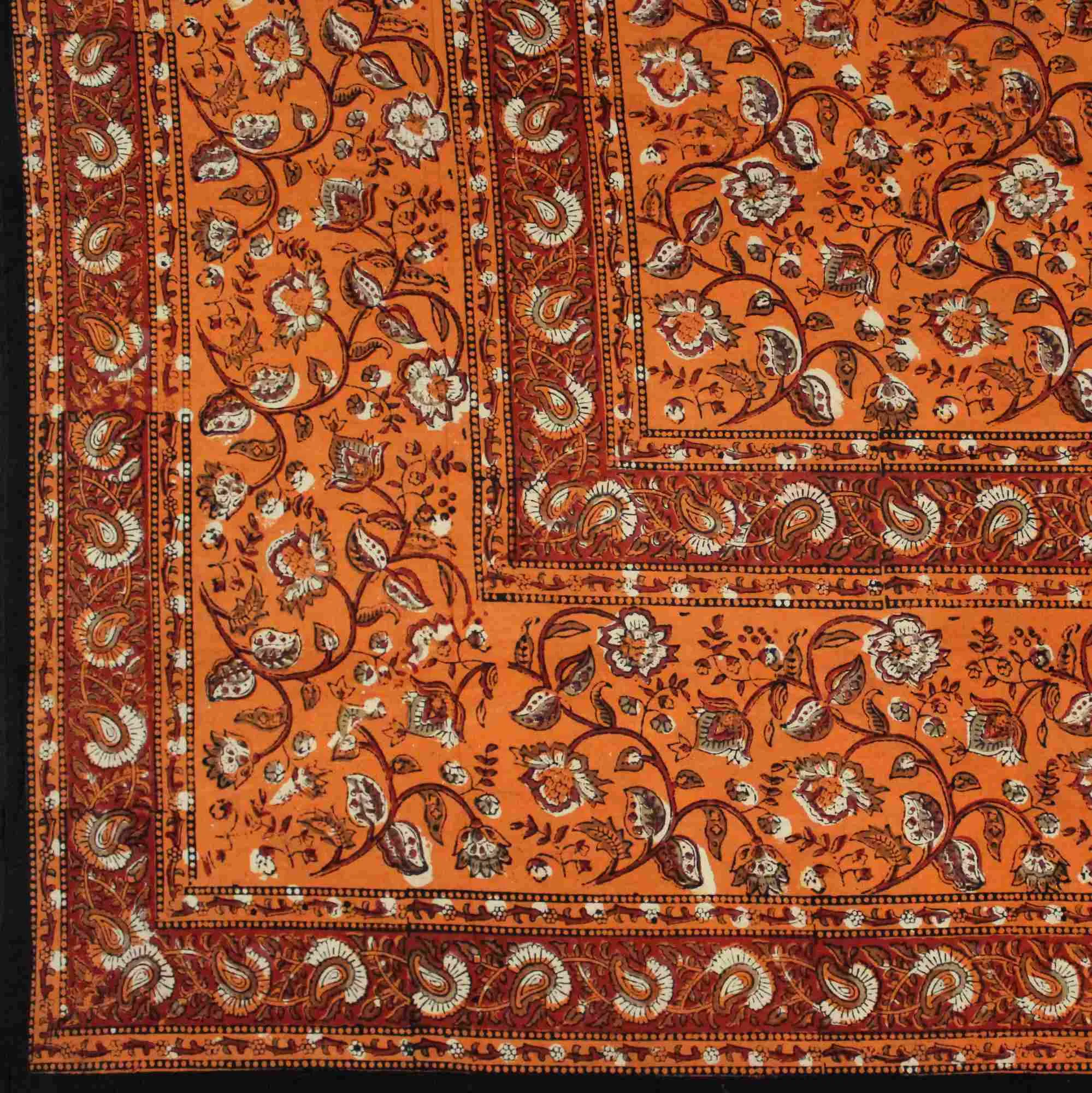 Dabu Block Print Floral Tablecloth Rectangle Green Orange Saffron Dining Linen