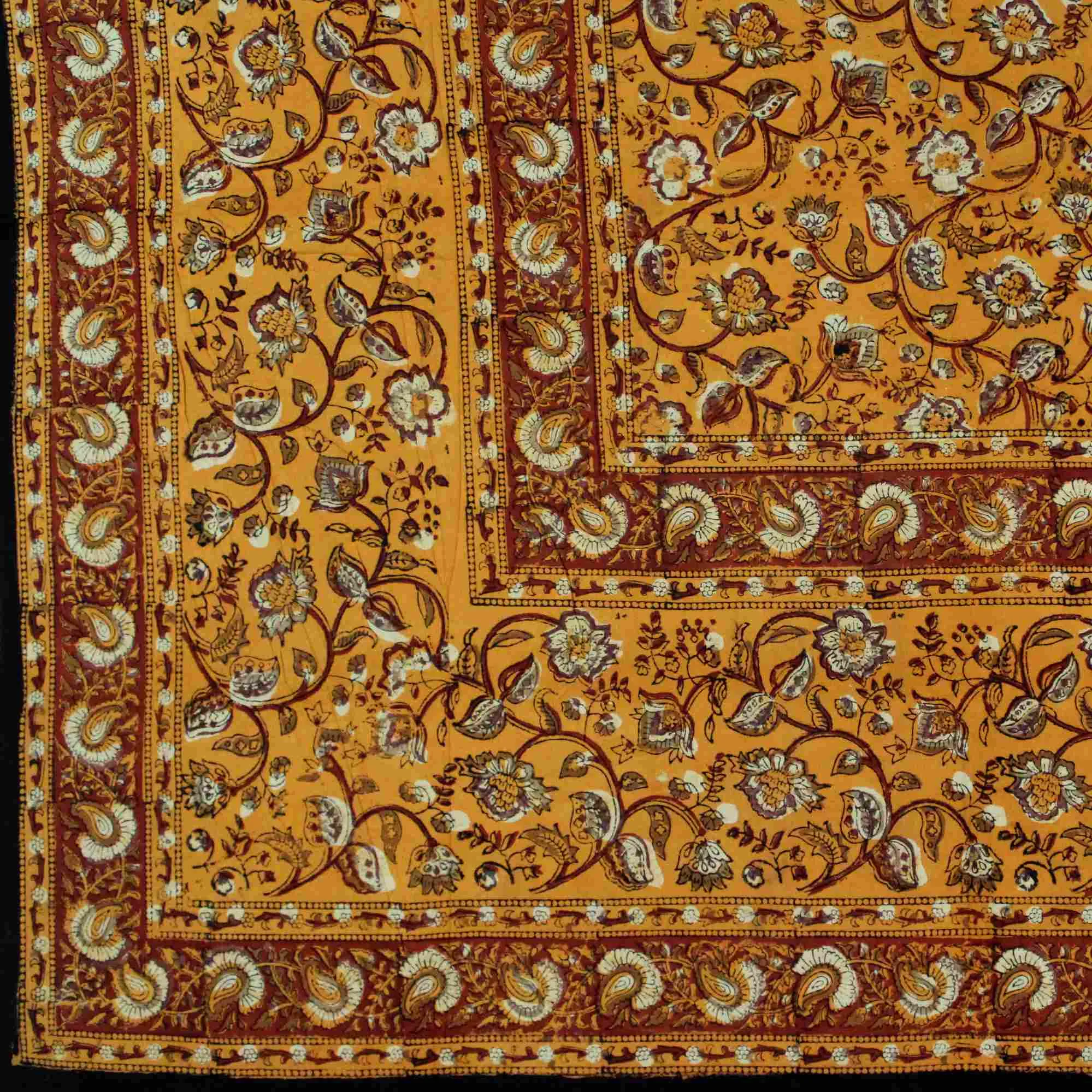 Dabu Block Print Floral Tablecloth Rectangle Green Orange Saffron Dining Linen