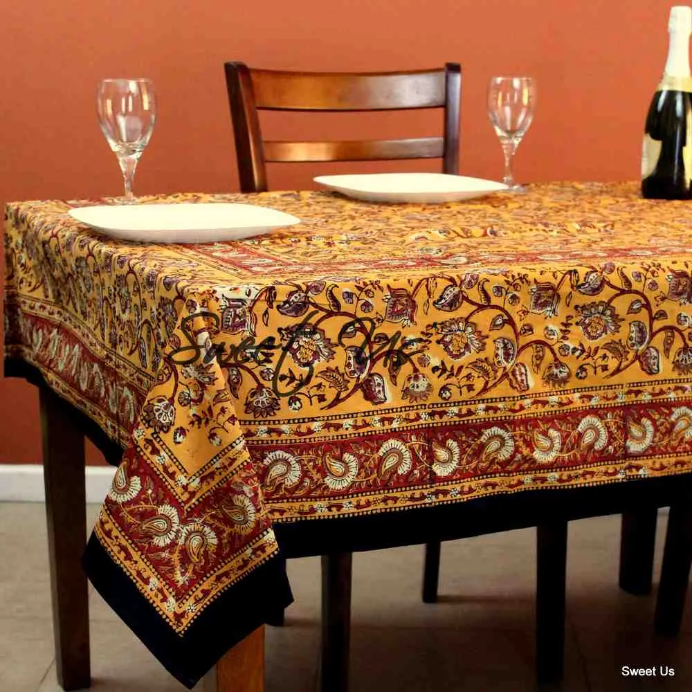 Dabu Block Print Floral Tablecloth Rectangle Green Orange Saffron Dining Linen