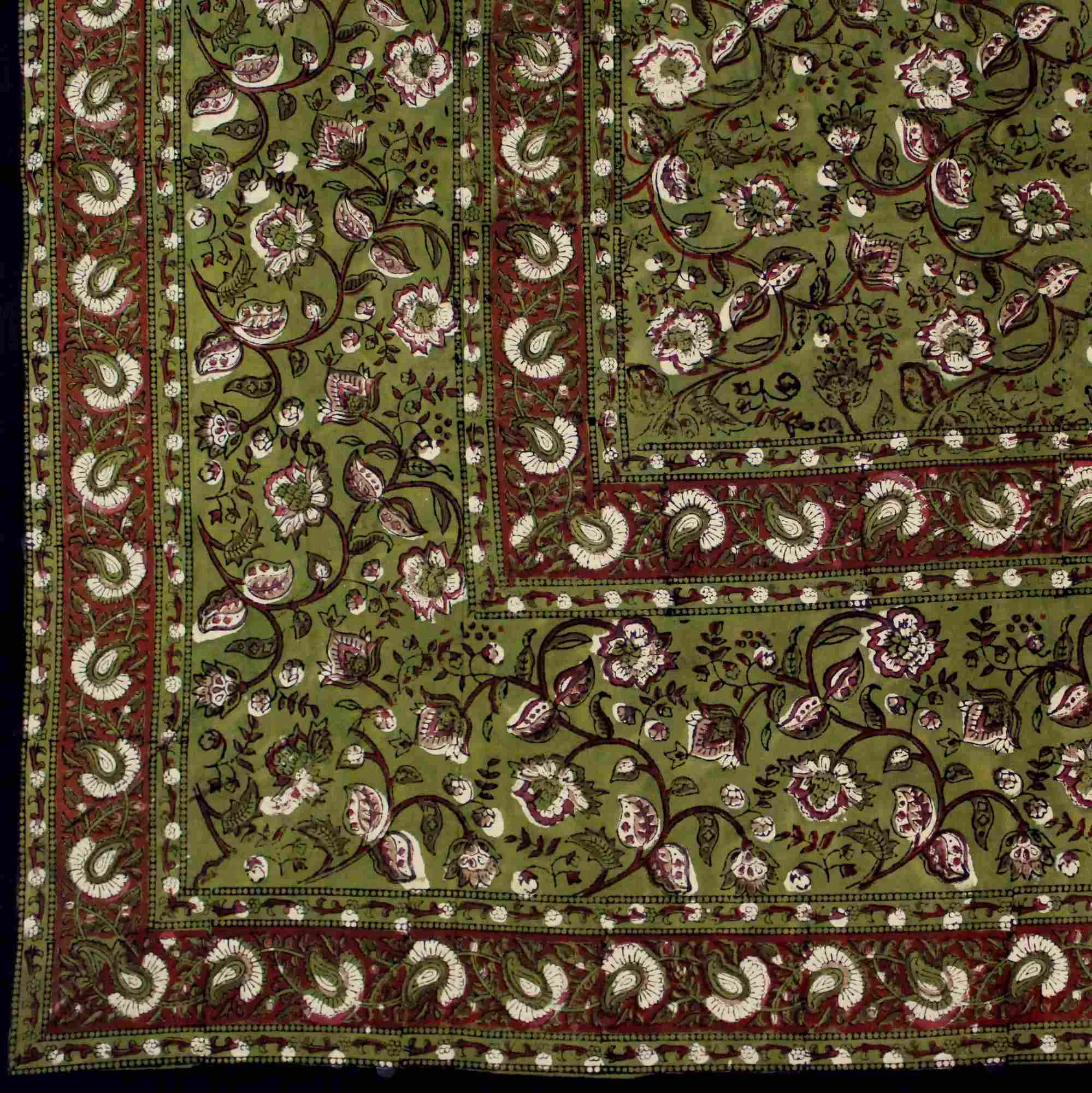 Dabu Block Print Floral Tablecloth Rectangle Green Orange Saffron Dining Linen