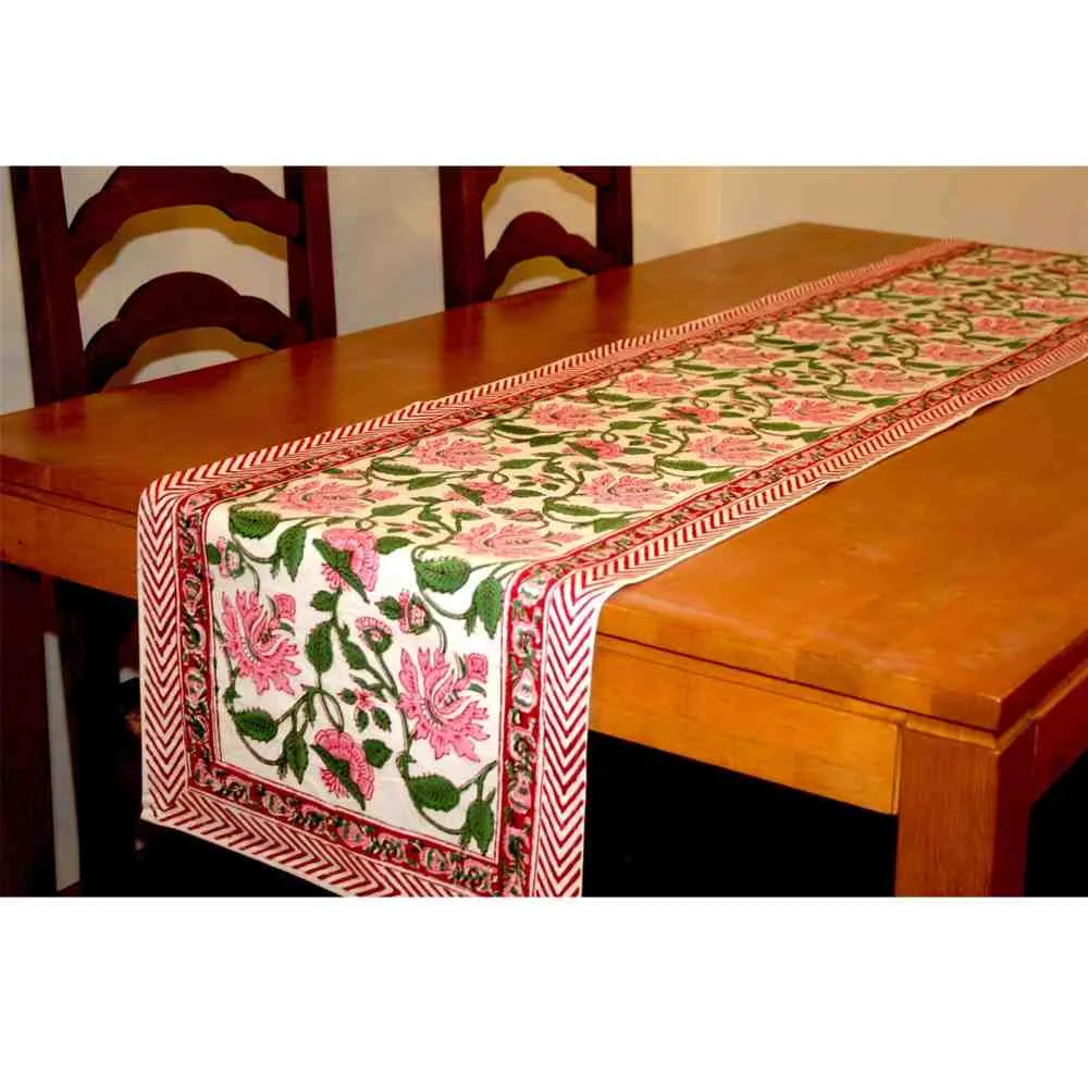 Floral Vine Block Print Tablecloth Rectangle Cotton, White Red, Table Linen