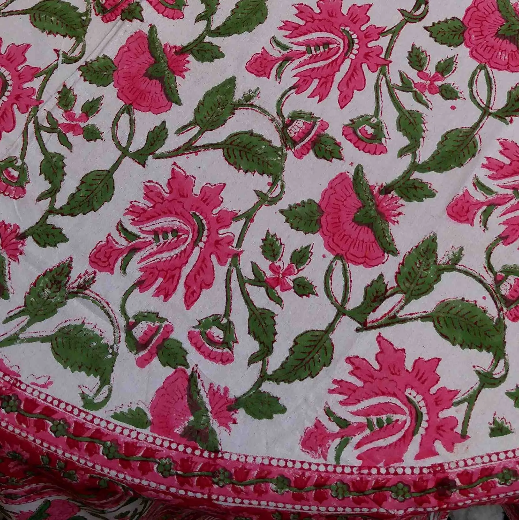 Floral Vine Block Print Tablecloth Rectangle Cotton, White Red, Table Linen