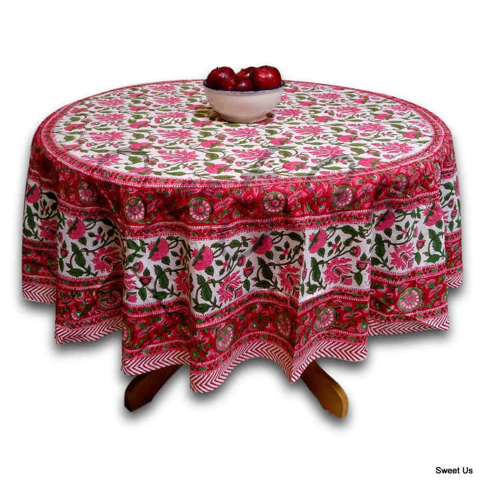 Floral Vine Block Print Tablecloth Rectangle Cotton, White Red, Table Linen