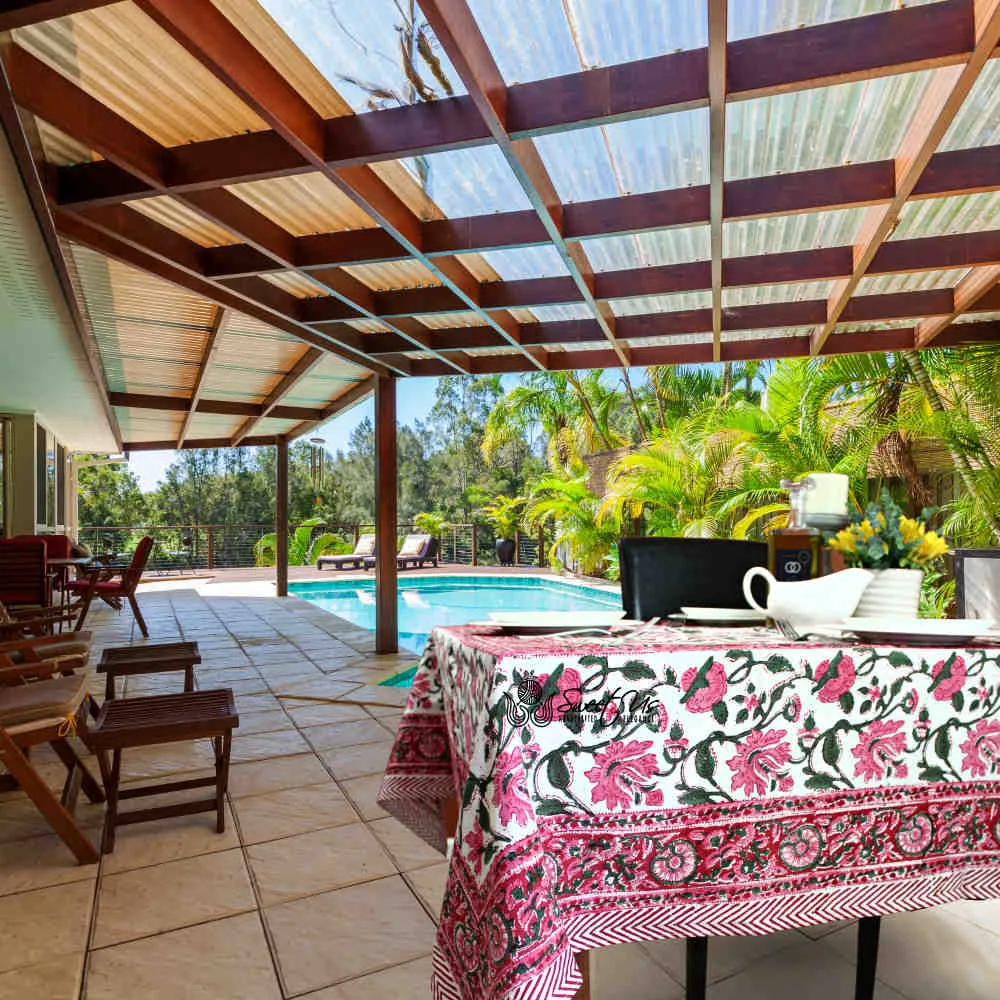 Floral Vine Block Print Tablecloth Rectangle Cotton, White Red, Table Linen