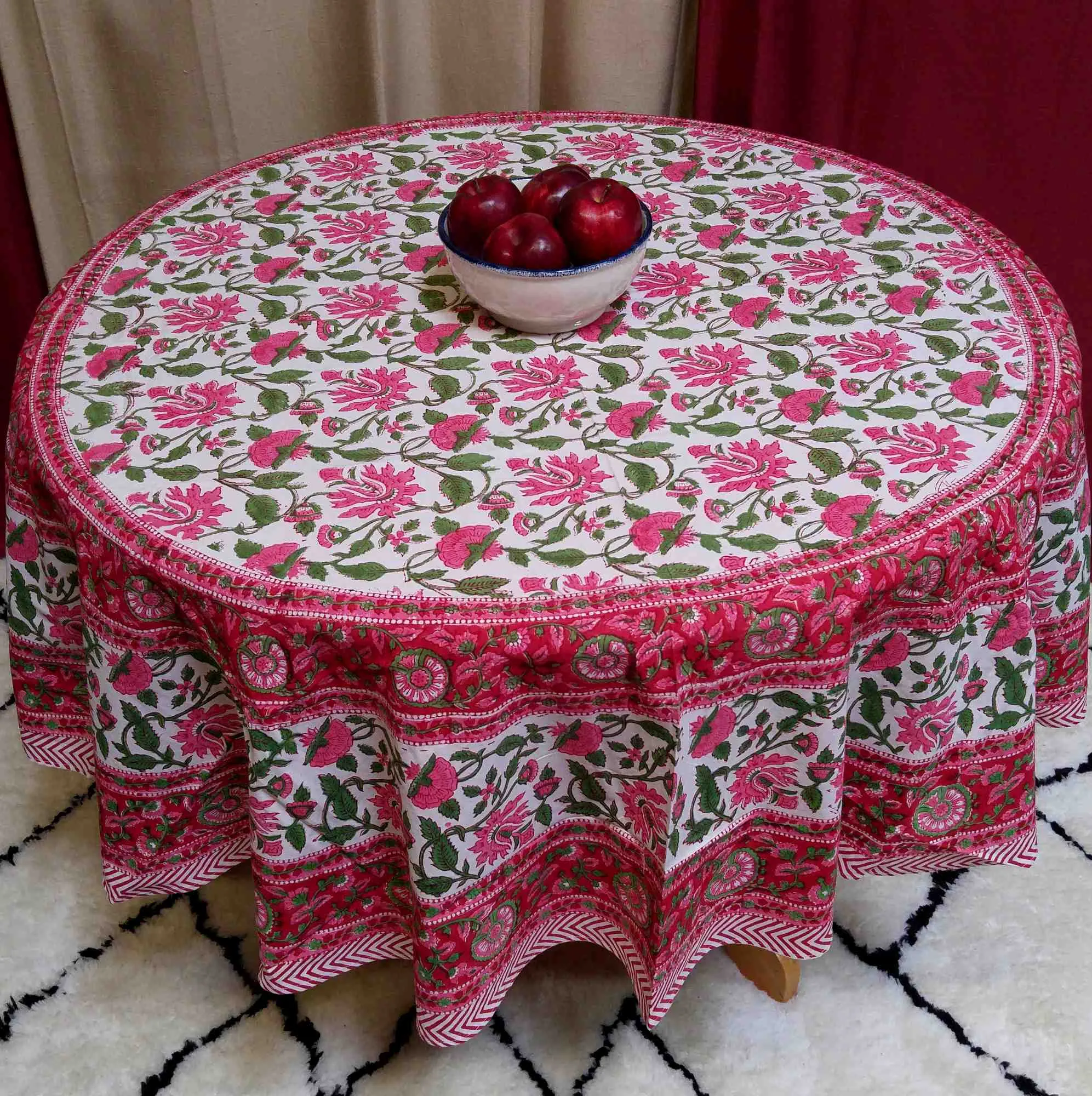 Floral Vine Block Print Tablecloth Rectangle Cotton, White Red, Table Linen