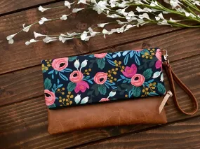 Fold Over Clutch - Coral Floral In Midnight with Vegan Leather - Detachable Wristlet