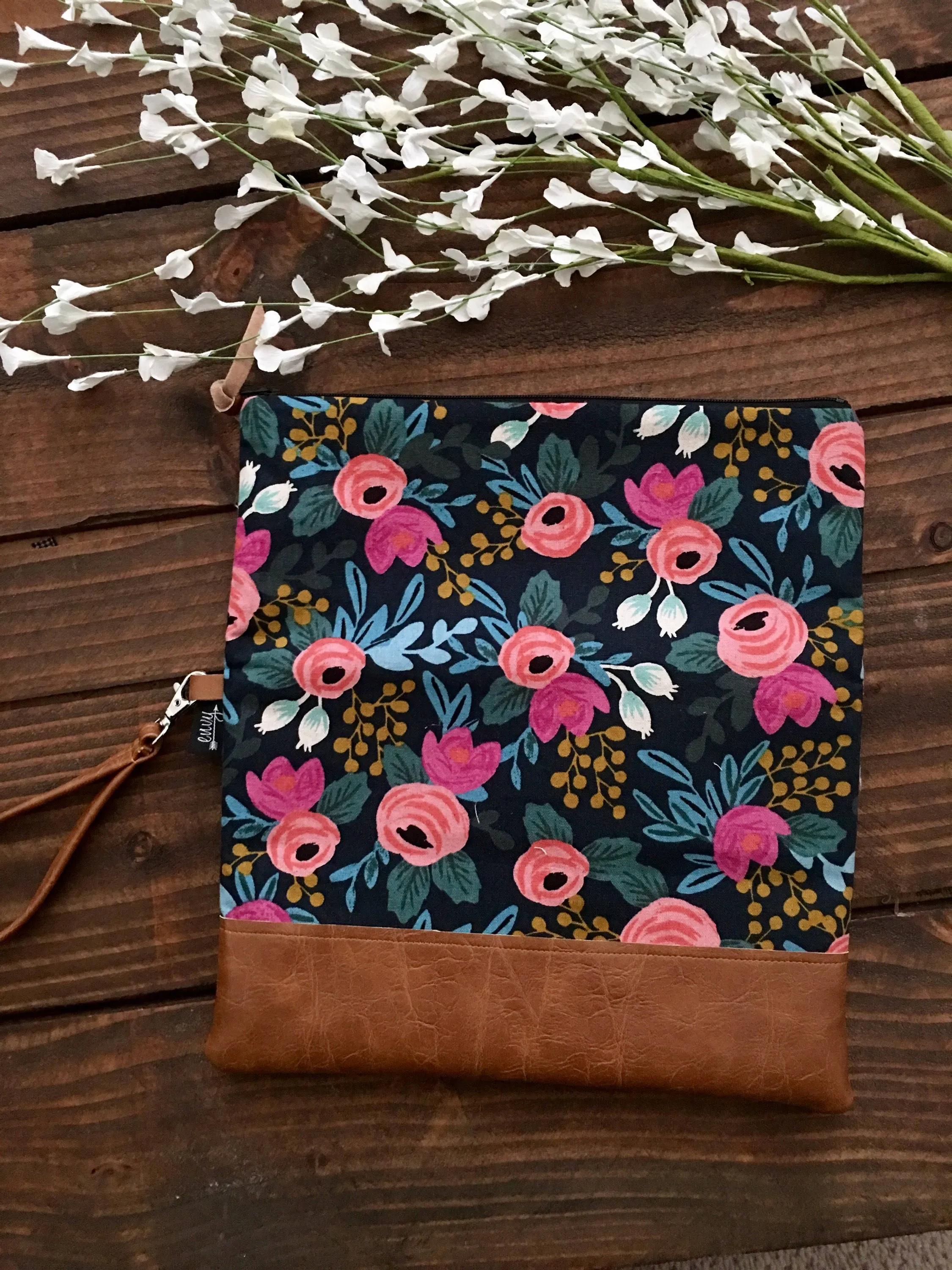 Fold Over Clutch - Coral Floral In Midnight with Vegan Leather - Detachable Wristlet