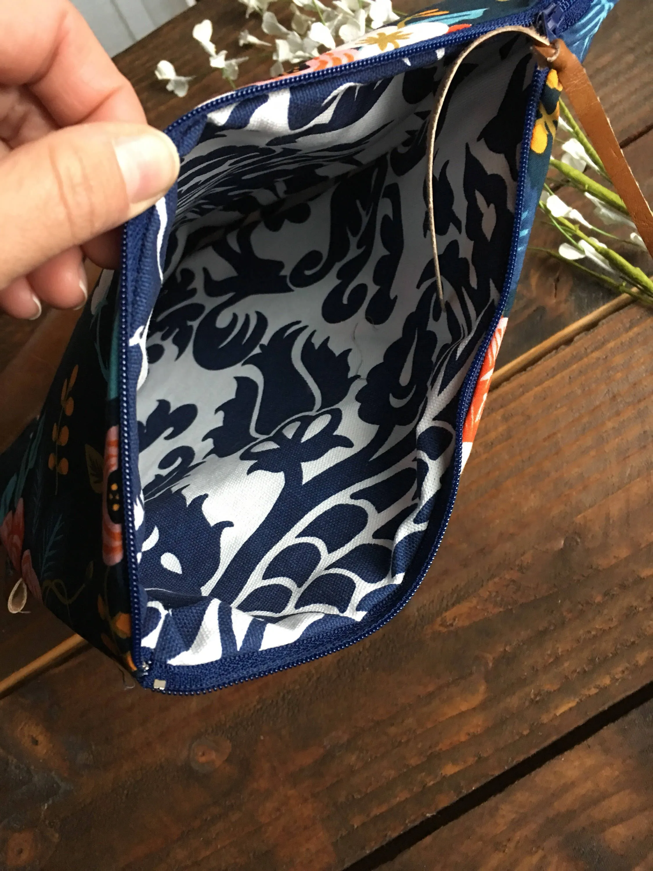 Fold Over Clutch - Coral Floral In Midnight with Vegan Leather - Detachable Wristlet