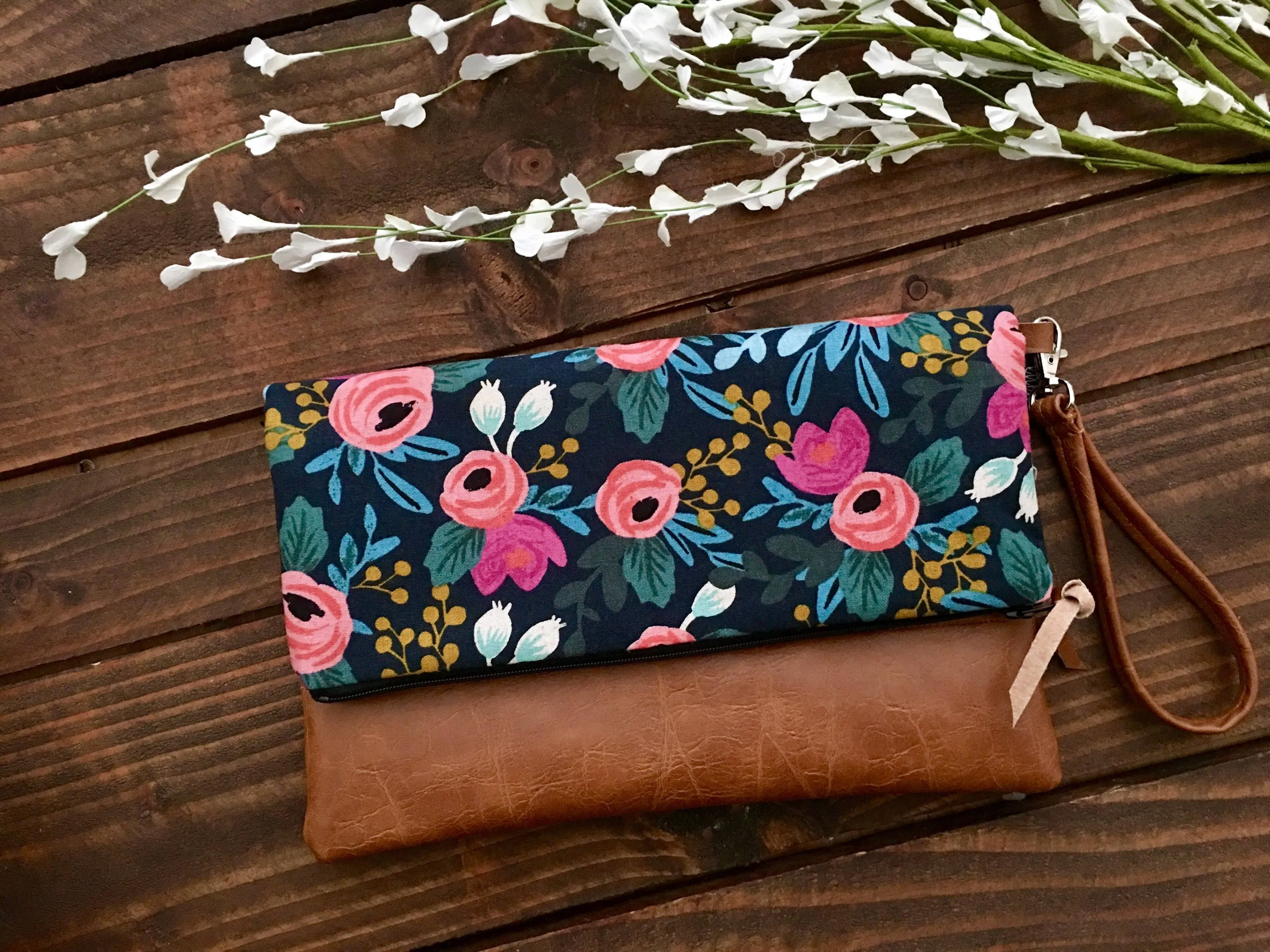 Fold Over Clutch - Coral Floral In Midnight with Vegan Leather - Detachable Wristlet