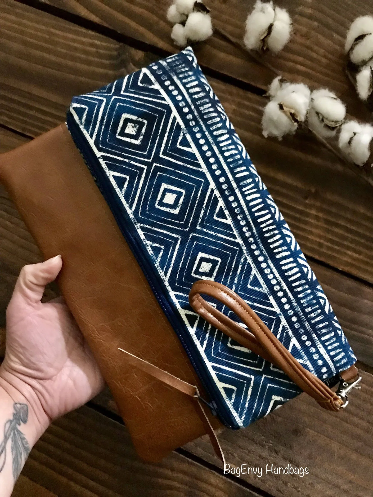 Fold Over Clutch - Stamped Aztec with Vegan Leather - Detachable Wristlet