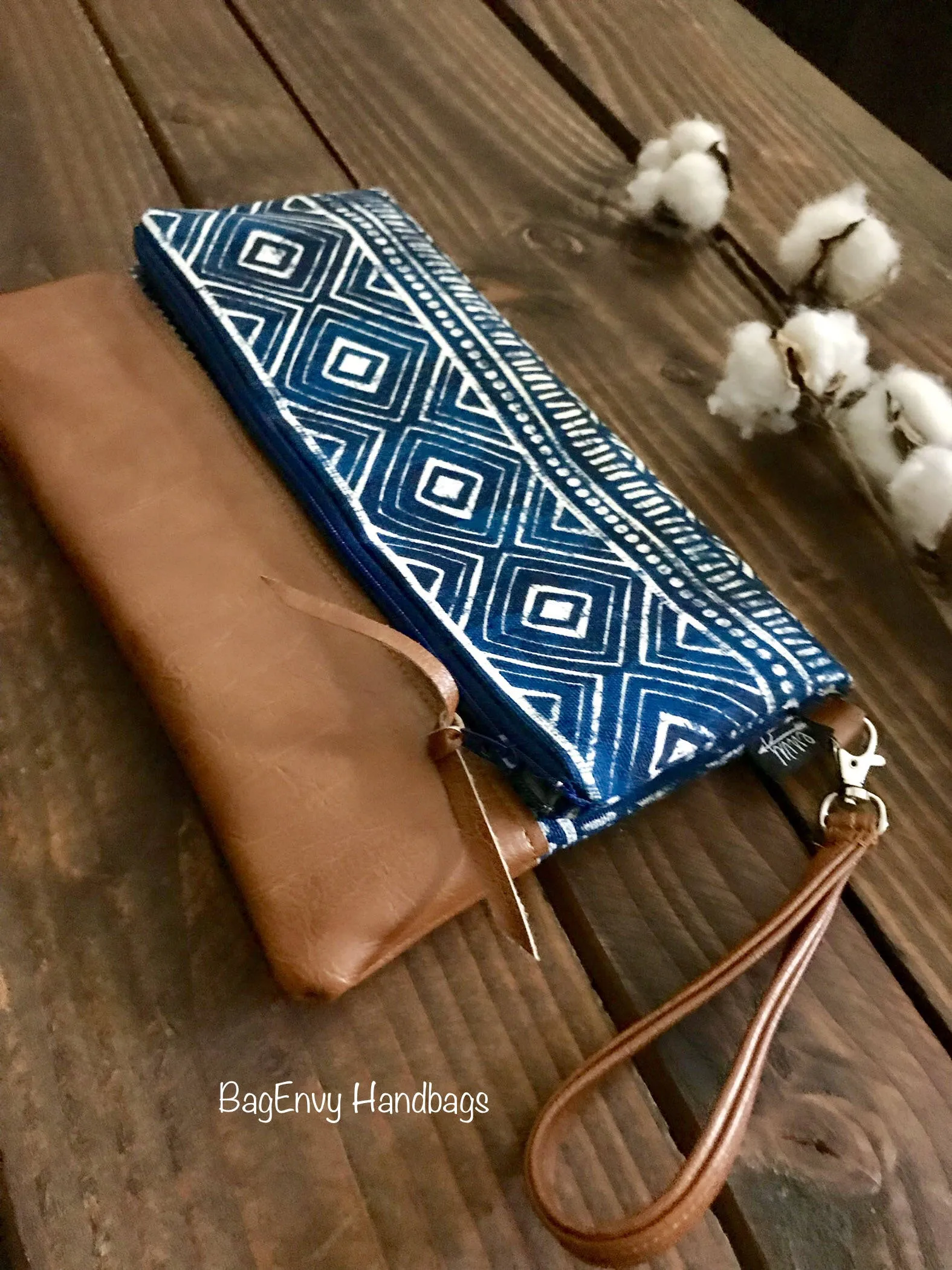 Fold Over Clutch - Stamped Aztec with Vegan Leather - Detachable Wristlet