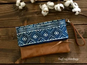 Fold Over Clutch - Stamped Aztec with Vegan Leather - Detachable Wristlet