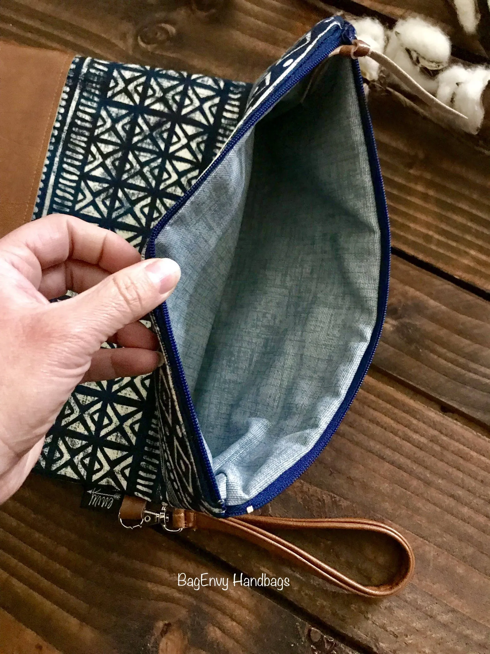 Fold Over Clutch - Stamped Aztec with Vegan Leather - Detachable Wristlet