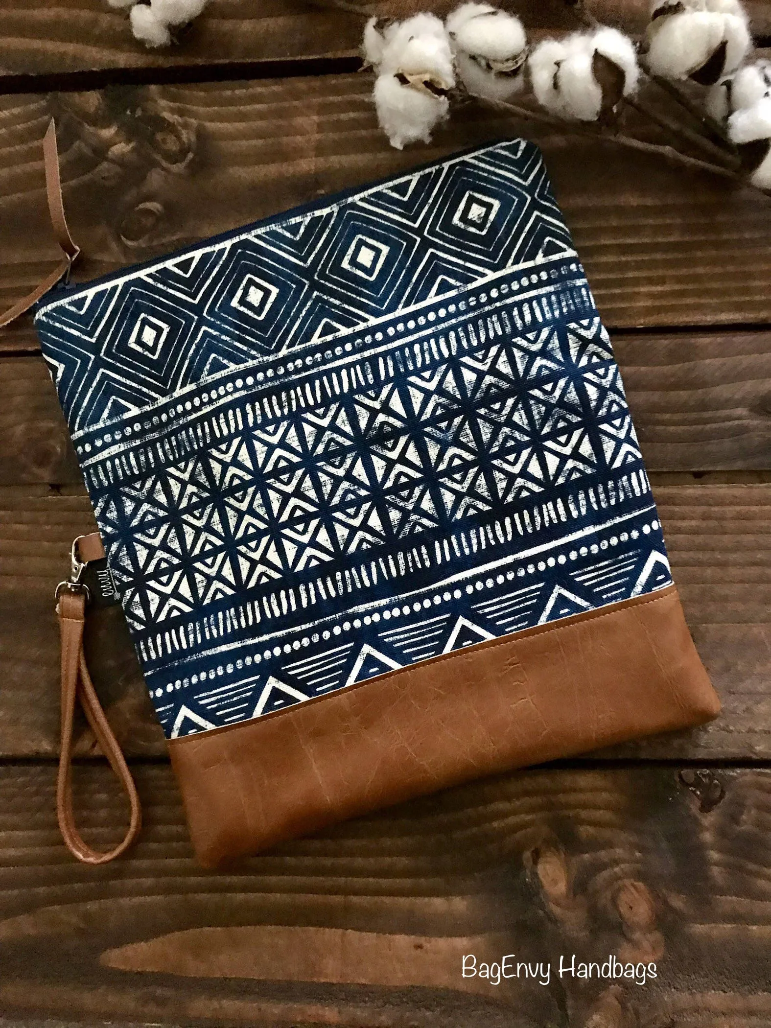 Fold Over Clutch - Stamped Aztec with Vegan Leather - Detachable Wristlet