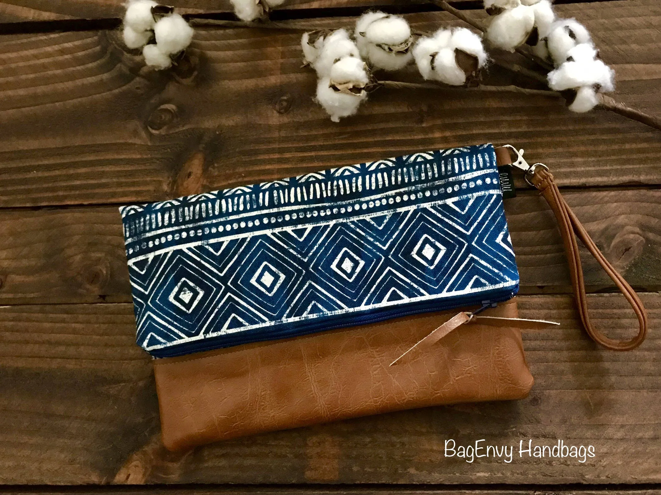 Fold Over Clutch - Stamped Aztec with Vegan Leather - Detachable Wristlet