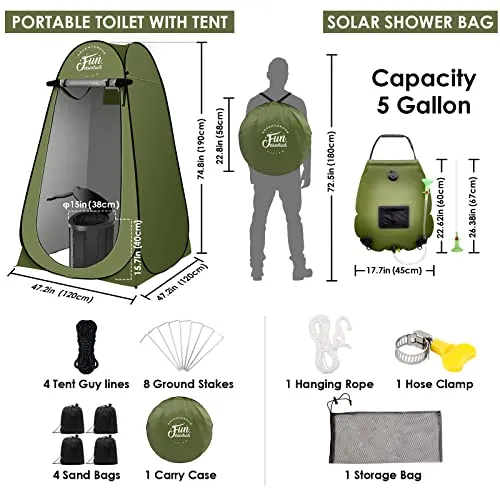FUN ESSENTIALS Portable Toilet Kit With Solar Shower Bag, 5 Pcs, XL Pop up Privacy Tent, XL Folding Toilet, 5 Gallon Shower Bag, 10 Pack Liquid Waste Gel, 12 Toilet Bags, Outdoor, Camping, Easy Set Up