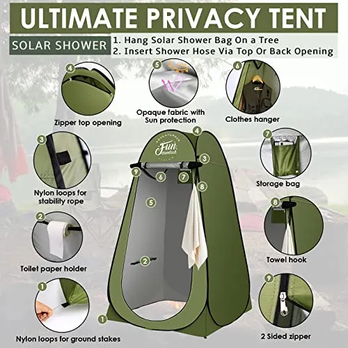 FUN ESSENTIALS Portable Toilet Kit With Solar Shower Bag, 5 Pcs, XL Pop up Privacy Tent, XL Folding Toilet, 5 Gallon Shower Bag, 10 Pack Liquid Waste Gel, 12 Toilet Bags, Outdoor, Camping, Easy Set Up