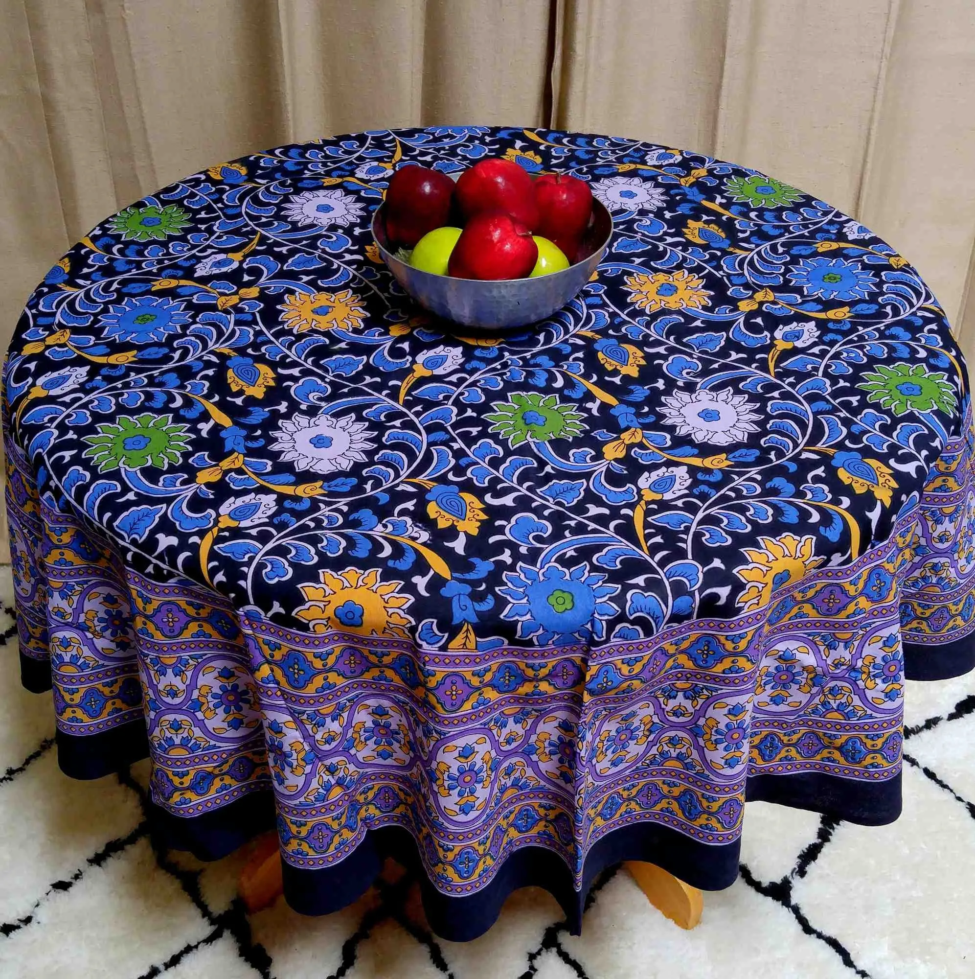 Handmade Sunflower Print 100% Cotton Tablecloth Round 66" Round Purple & Black